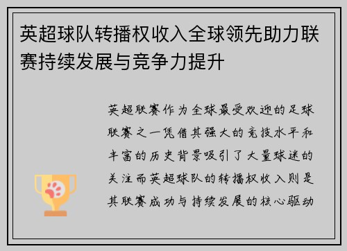 英超球队转播权收入全球领先助力联赛持续发展与竞争力提升