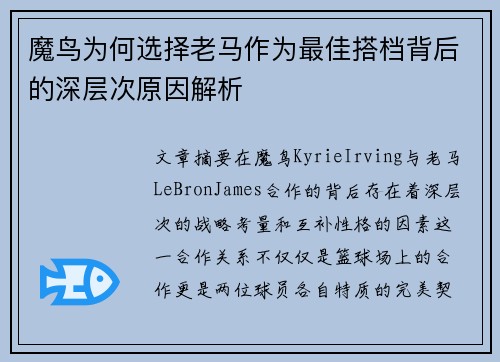 魔鸟为何选择老马作为最佳搭档背后的深层次原因解析 魔鸟为何选择老马作为最佳搭档背后的深层次原因解析